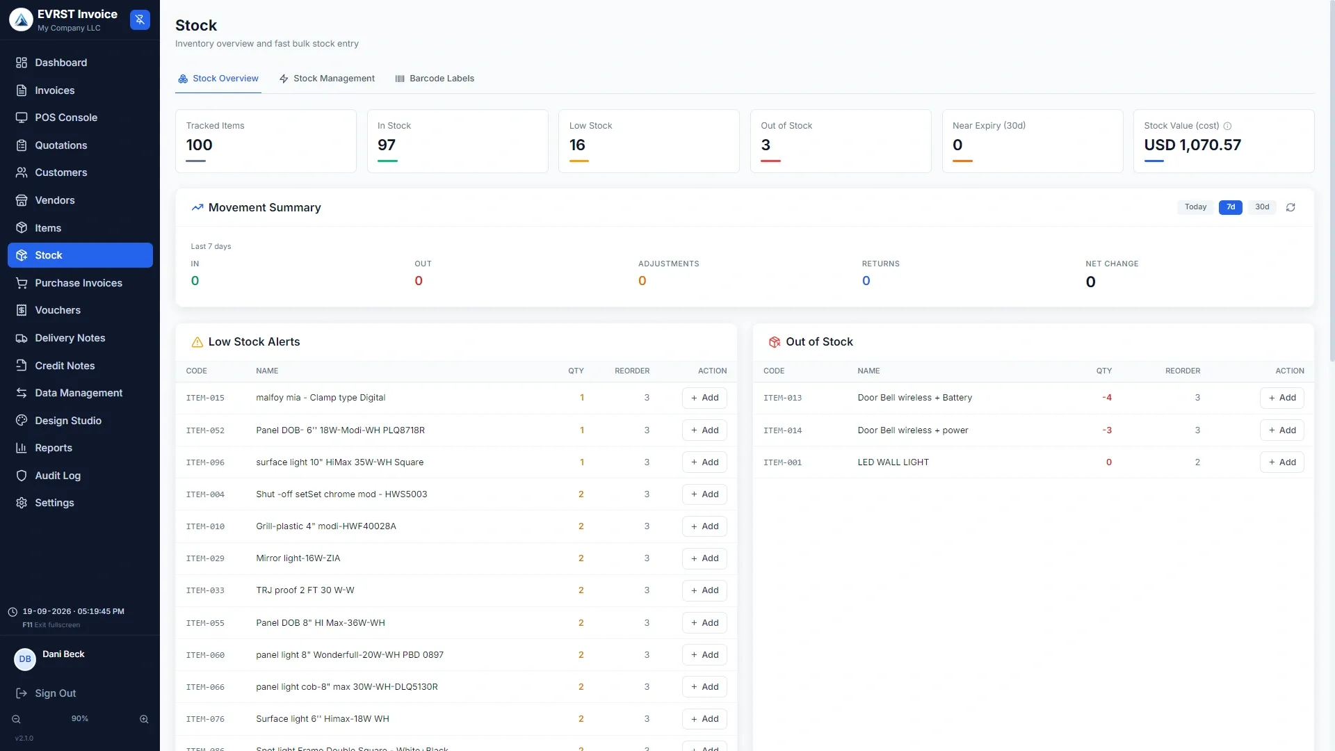 EVRST Invoice stock overview showing tracked items, low stock and out of stock counts, stock value and a low-stock alert list