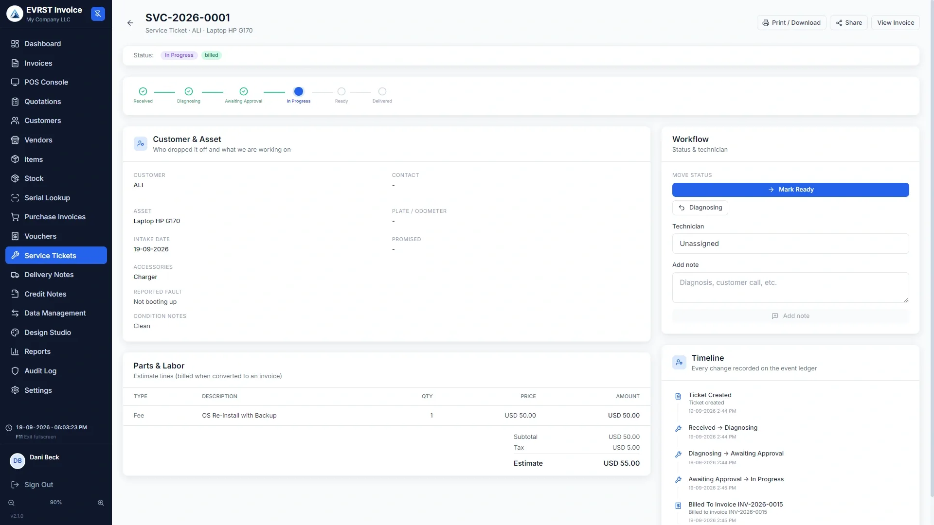 EVRST Invoice service ticket for a laptop repair, showing the status stages, the customer and asset, the reported fault, the parts and labour estimate and the event timeline