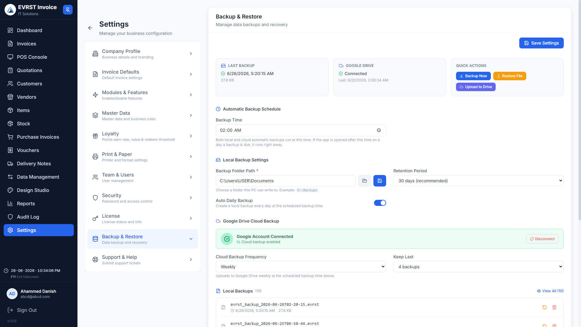 EVRST Invoice backup and restore settings showing Google Drive connected, automatic backup schedule and a list of local backups
