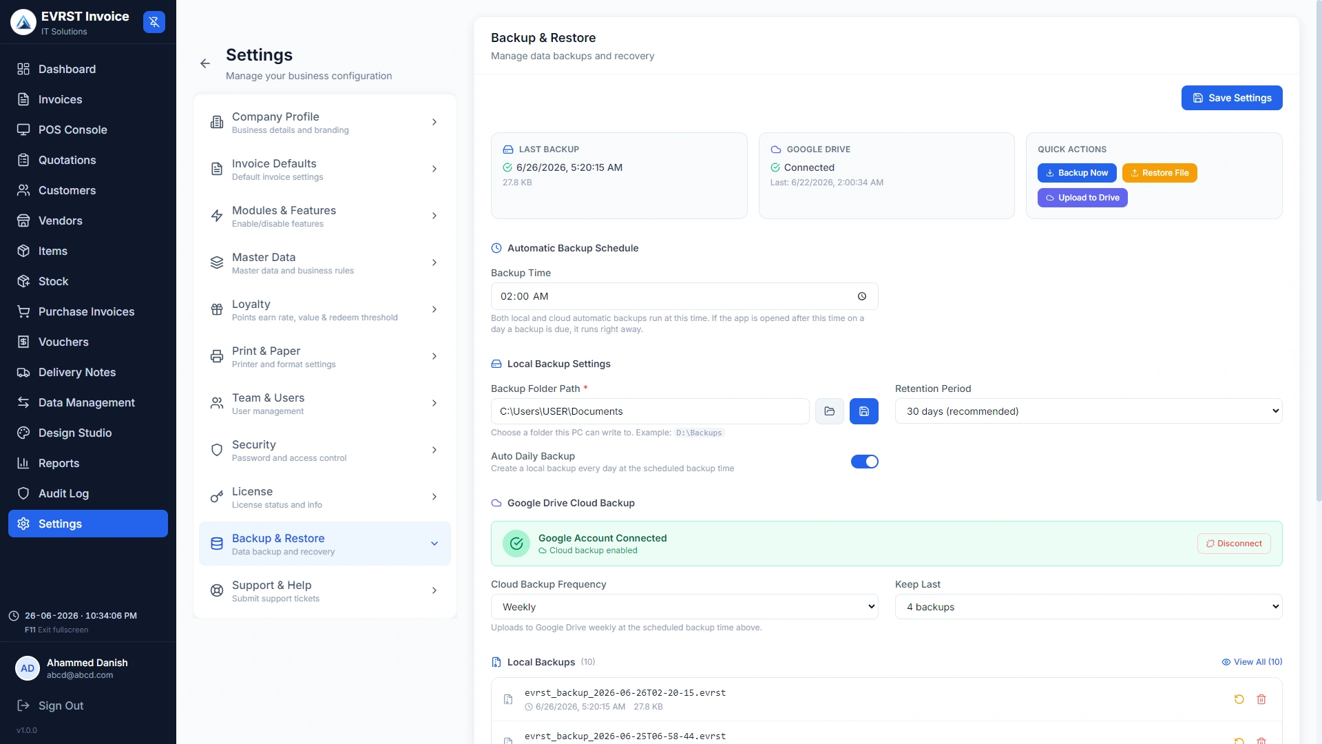 EVRST Invoice backup and restore settings showing Google Drive connected, automatic backup schedule and a list of local backups